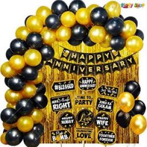 0B6 - Happy Anniversary Decoration Combo - Black & Golden - Set Of 60
