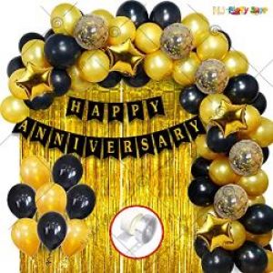 0B9 - Happy Anniversary Decoration Combo - Black & Golden - Set Of 59