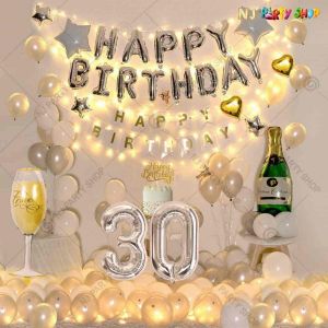 012W - Birthday Party Decoration Combo - Silver & White - Set of 80