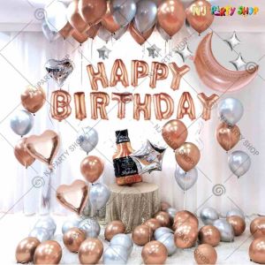 013P - Birthday Party Decoration Combo - RoseGold & Silver - Set of 44