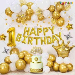 018W - Birthday Party Decoration Combo - Golden & White -Set of 52