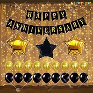 1A - Happy Anniversary Decoration Combo - Black & Golden - Set of 40
