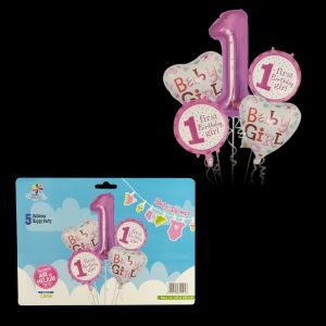1st Birthday Girl Foil Balloons - Set of 5