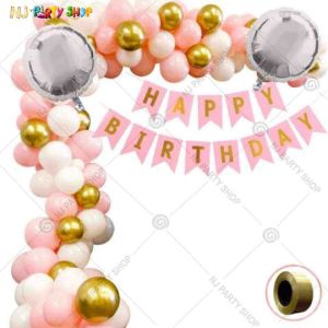 01W - Birthday Party Decoration Combo - Pink & Golden - Set of 62