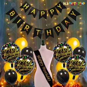 03W - Birthday Party Decoration Combo - Black & Golden - Set of 39
