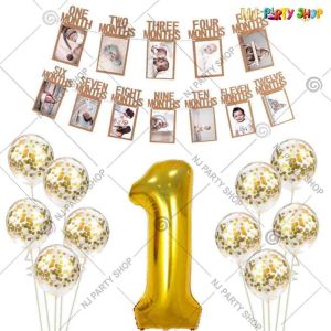 05Q - 1st Birthday Party Decoration Combo - Golden - Set of 12