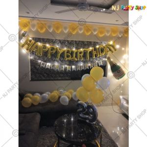 Birthday Decorations - Black, Silver & Golden - LED Neon Happy