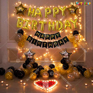 011M - Black & Golden With LED Lights Birthday Decoration Combo Kit - Set of 61