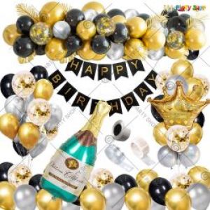 06J - Happy Birthday Decoration Combo - Black & Golden - Set Of 68