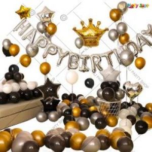 07J - Happy Birthday Decoration Combo - Black & Silver - Set Of 65