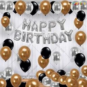 0A - Happy Birthday Decoration Combo - Silver & Black - Set Of 43