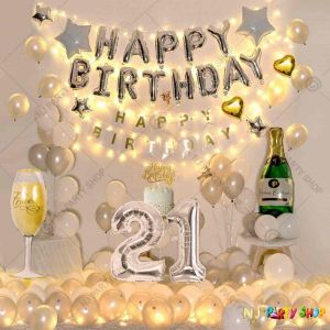 016W - Birthday Party Decoration Combo - Silver & white - Set of 80