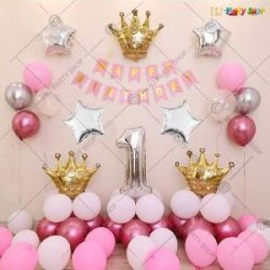 1st Happy Birthday Decoration Combo - Pink & Golden - Set of 55