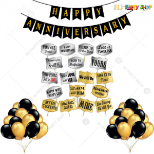 04L -  Golden & Black Happy Anniversary Decoration Combo Kit With Props - Set of 64