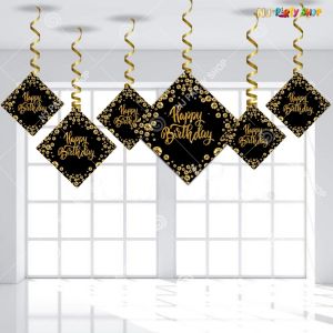 Happy Birthday Black & Golden Swirls Hanging - Set of 6