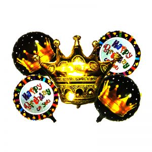 Happy Birthday Crown Shape Golden Foil Balloons- Set of 5 