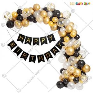 Happy Birthday Decoration Combo - Black & Golden - Set Of 84