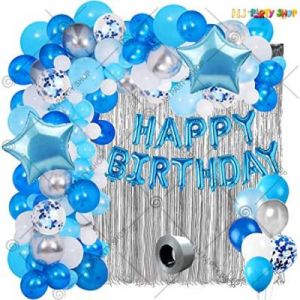 Happy Birthday Decoration Combo - Blue & Silver - Set Of 78