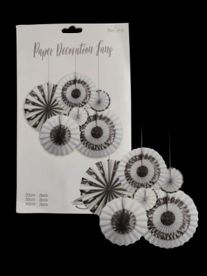 Paper Decoration Fans - Silver & Black - Set of 6